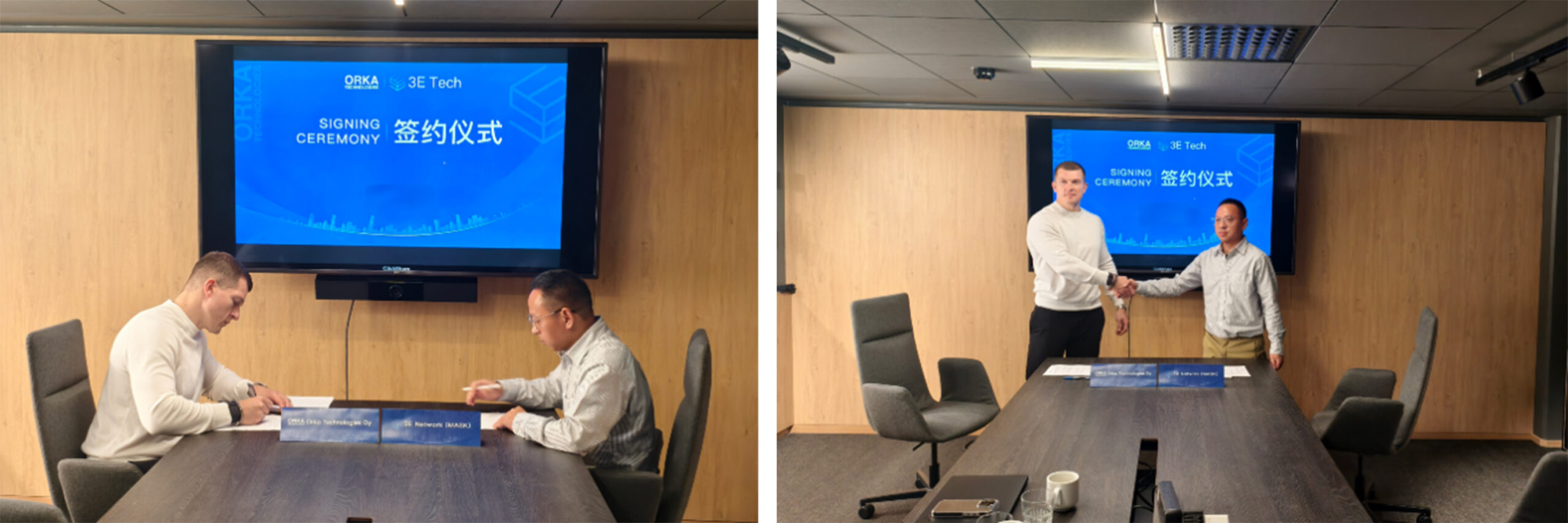 Caption: Dr. Tingjun Yang, CEO of 3E Network (right), signing the Master Services Agreement with representatives of Orka Technologies Oy (left).
